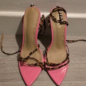 EGO Pink and Leopard Print Strappy Heels